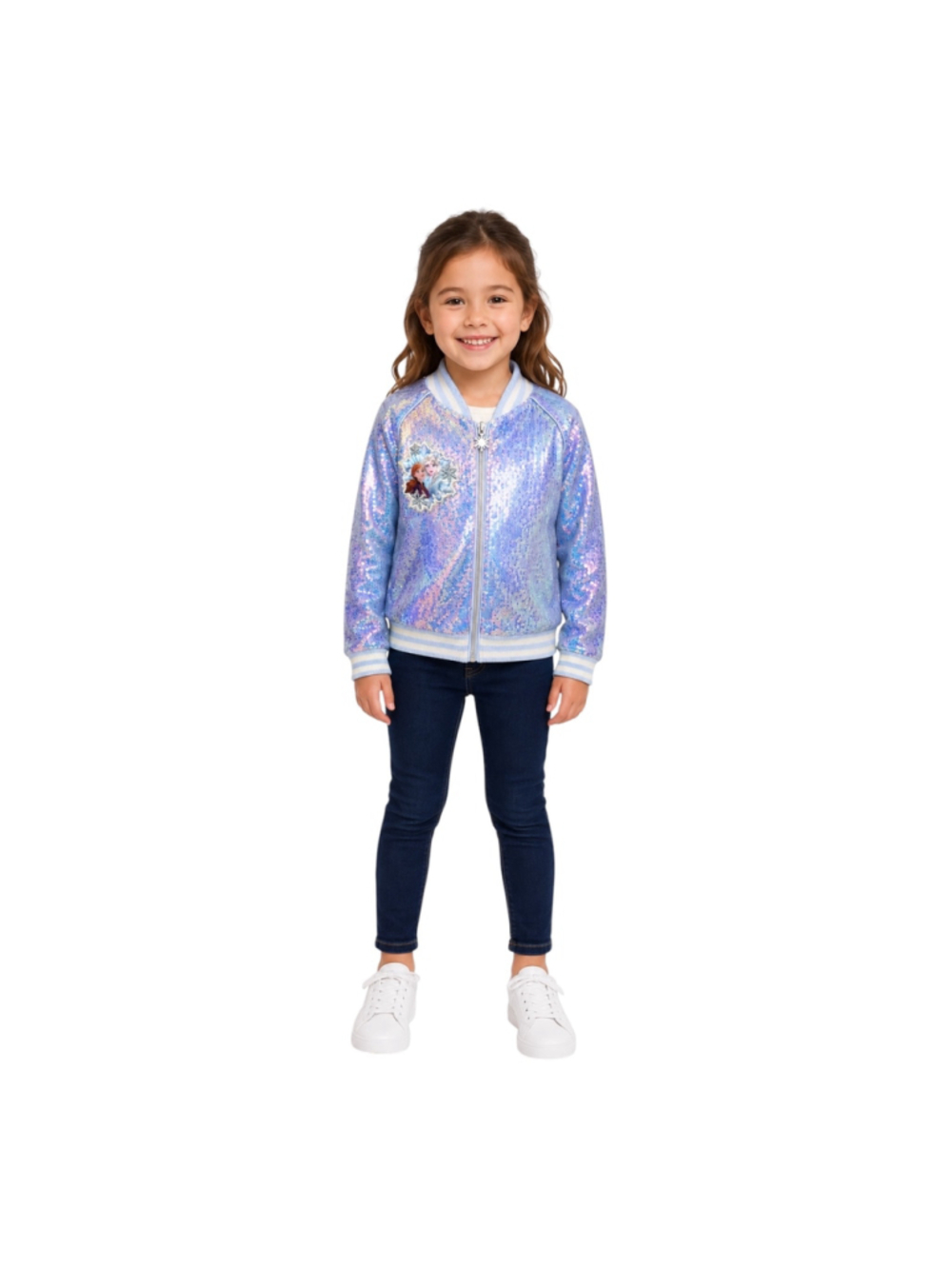 Disney Frozen 2 Anna Elsa Iridescent Sequin Bomber Jacket Girls 5/6